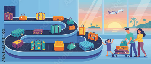 A bustling airport luggage carousel displays various suitcases as a family eagerly awaits their belongings, showcasing travel excitement and the joys of family vacations.