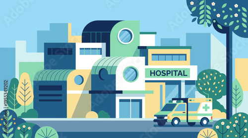 A contemporary hospital building is showcased alongside an ambulance, symbolizing healthcare services, advanced medical care, and community support in vibrant surroundings.