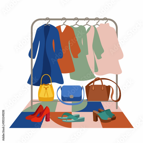 An elegant clothing rack showcases a selection of stylish outfits, accessories, and footwear, representing fashion trends and personal expression in a minimalistic design.