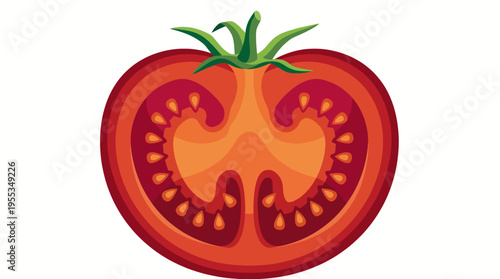 A vibrant illustration features a fresh tomato cut in half, showcasing its juicy interior and seeds, representing freshness and culinary potential in cooking.