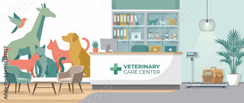 A welcoming veterinary care center designed with vibrant animal silhouettes, creating an inviting space for pet owners and their beloved furry companions.