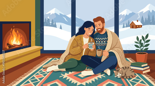 This cozy scene depicts a couple enjoying a warm drink by a fireplace, wrapped in a blanket with a cat, evoking feelings of love and togetherness during winter.