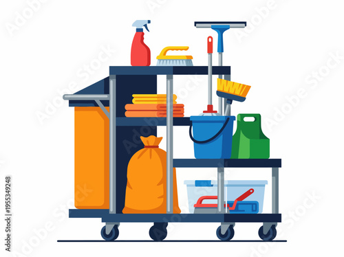 A detailed cleaning cart loaded with various supplies including mops, sprays, and trash bags, illustrating the organized tools of cleanliness and order in daily spaces.
