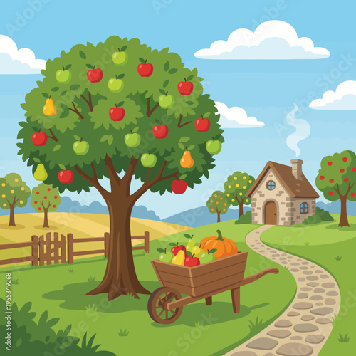 A picturesque rural landscape featuring a lush fruit tree and a charming stone house, illustrating the beauty of nature and a simple, happy lifestyle in the countryside.
