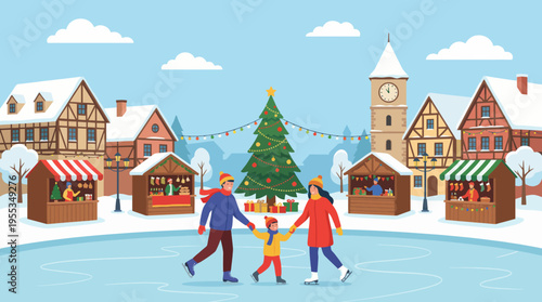 A joyful winter scene featuring a family ice skating in a charming town square with a decorated Christmas tree and festive market stalls bustling with activity.