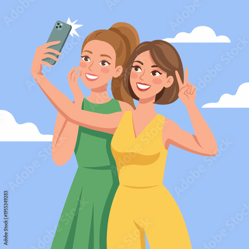 Two cheerful friends smiling and posing for a selfie against a clear blue sky, capturing a moment of friendship, joy, and shared experiences on a sunny day.