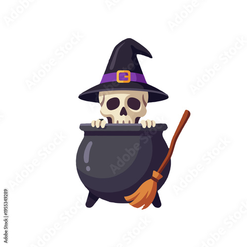 An eerie yet playful illustration of a skeleton wearing a witch's hat peeking out from a dark cauldron, embodying Halloween spirit and whimsical creativity.