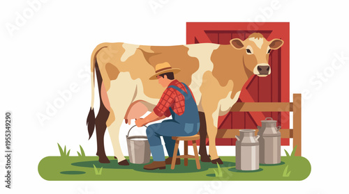 A rustic scene of a farmer milking a cow in a tranquil countryside setting, showcasing agricultural life, sustainability, and the connection between man and nature.