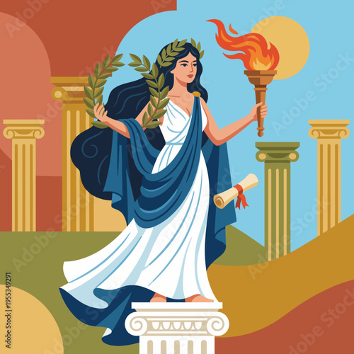 An artistic depiction of a female figure holding a torch and a laurel wreath, representing freedom and enlightenment against a vibrant background of classical architecture.