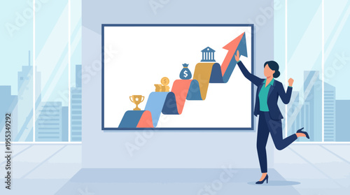 A dynamic scene featuring a businesswoman cheerfully presenting a growth chart, symbolizing success, motivation, and corporate achievement in a modern office environment.