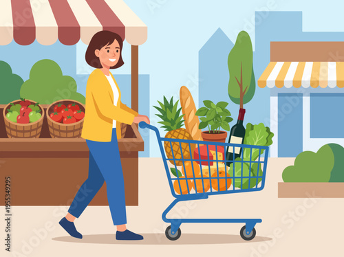 A cheerful young woman pushes a shopping cart filled with fresh groceries at a vibrant outdoor market, surrounded by lush produce and colorful stalls under a clear blue sky.