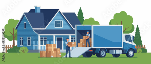 Two workers are unloading boxes from a moving truck in front of a cheerful blue house, symbolizing the exciting and busy process of relocating to a new home.