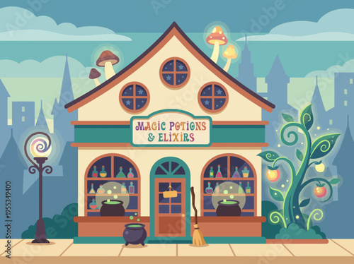A whimsical and enchanting shop specializes in magic potions and elixirs, showcasing a playful atmosphere that evokes curiosity, creativity, and a sense of wonder in fantasy.