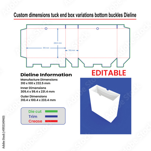 Custom tuck end box dieline with dimensions and editable text box template  packaging design.