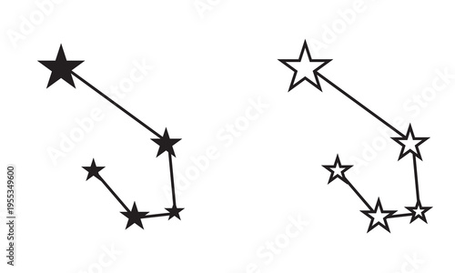 Minimalist constellation line drawing with stars icon. Simple black and white constellation diagrams with connected stars, showing abstract night sky patterns in a clean minimalist design.