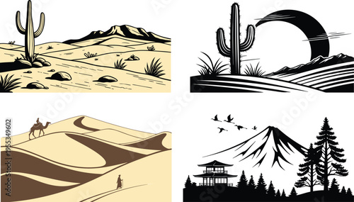 Desert and mountain landscapes with various scenic views and silhouettes