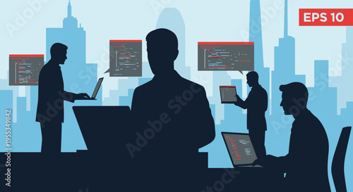 Silhouettes of Software Developers Working on Coding Projects in Modern City Office