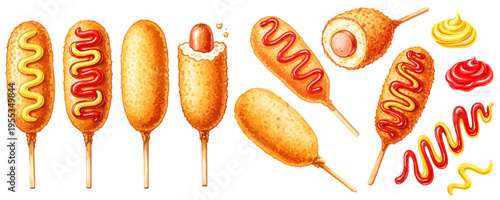 アメリカンドッグとチーズドッグの水彩風イラストセット｜串揚げスナック・屋台フード