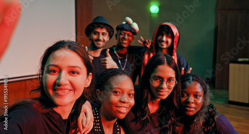 Photography Indian young adult gen z male man female look camera take selfie photos have fun joy hall stage place