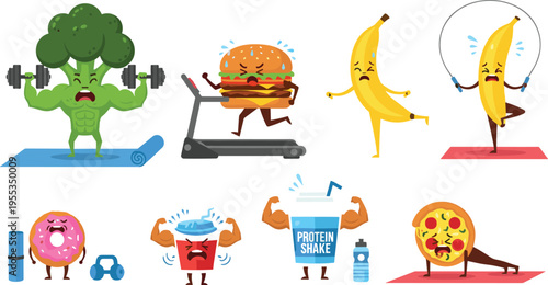 Funny fitness food characters set with broccoli burger banana donut pizza workout gym exercise cartoon mascot vector illustration