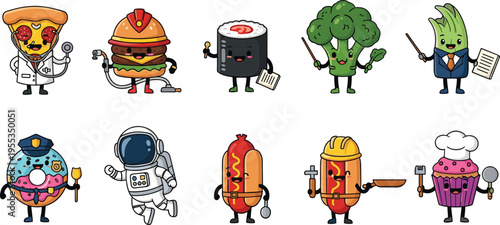 Funny food profession characters set with pizza doctor burger plumber sushi teacher broccoli businessman cartoon vector illustration collection