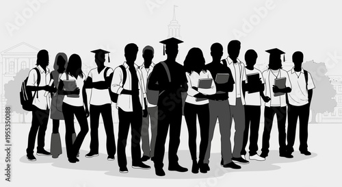 Group of Students Silhouettes with Graduation Caps