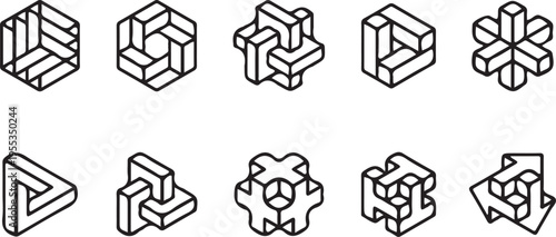Isometric line brutal 3D shapes, Brutalism volumetric carcass various form, 