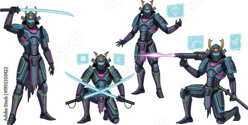 Futuristic cyber samurai character set with neon armor sword gun poses sci fi warrior cartoon vector illustration collection