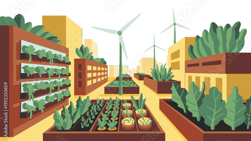 urban farming vector, rooftop garden illustration, sustainable city agriculture, community garden vector, eco friendly farming, modern urban garden, green city farming