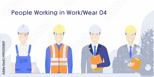 Illustration of construction workers and professionals in various work attire