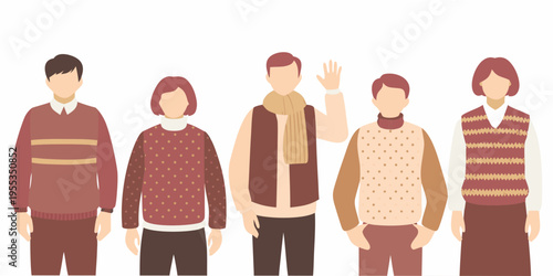 A group of six stylized people standing closely together in a row