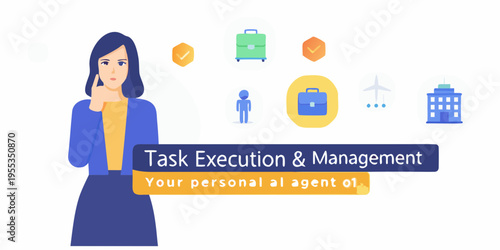 Woman contemplates task management solutions with ai and travel imagery