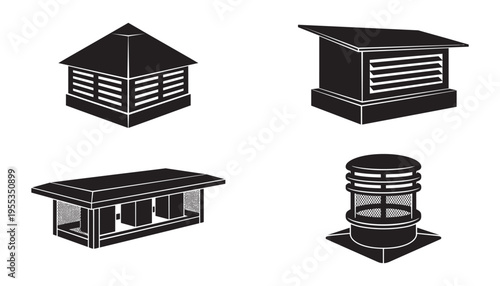 Roof ventilation system elements set with chimney caps and exhaust vent covers for building safety