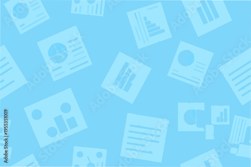 Scattered documents with charts and graphs on a light blue background