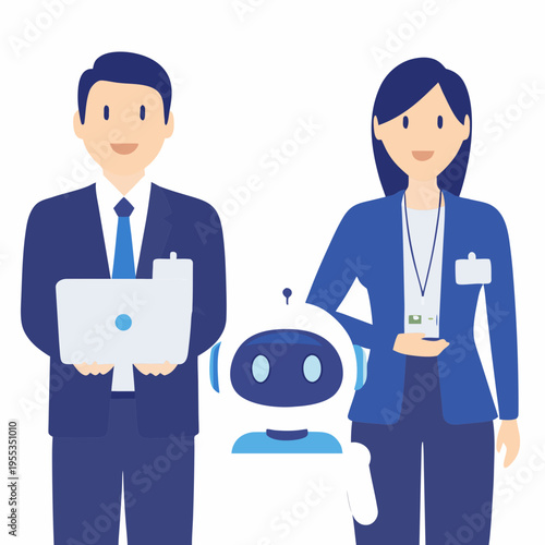 Human professionals and a robot coworker in a modern business setting