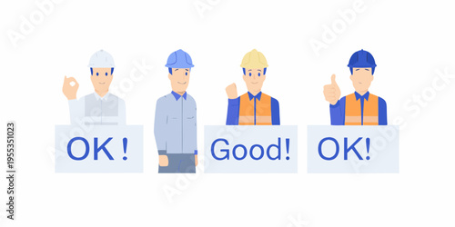 Four construction workers giving positive signals and holding approval signs