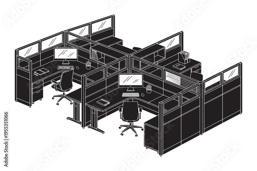 Isometric office cubicles with computers and chairs business workspace vector illustration