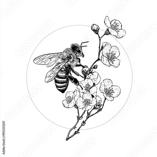 Honey Bee and Wildflowers Botanical Line Art Illustration