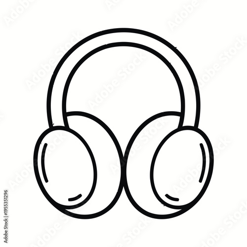 A minimalist black and white line art illustration of a pair of over ear stereo audio headphones isolated on white background, Vector, illustration