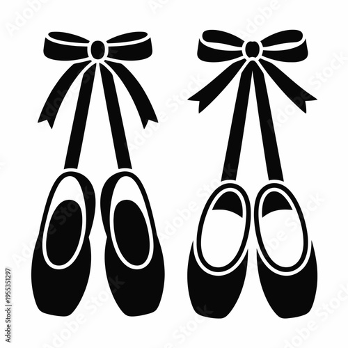 A minimalist graphic illustration featuring two pairs of elegant ballet slippers tied with ribbons isolated on white background, Vector, illustration