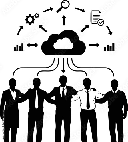 Business team collaborating through cloud computing with data analytics and processing icons.