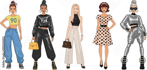 Stylish diverse women fashion characters set with trendy outfits modern streetwear elegant dress futuristic style vector illustration collection