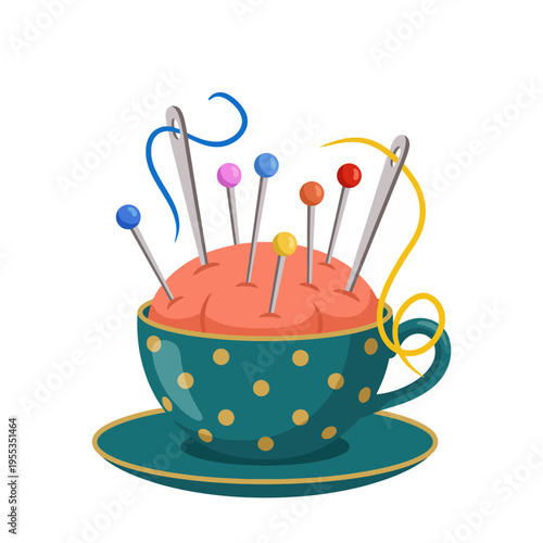 This charming image features a teal polka-dotted cup filled with colorful pins, creating a whimsical pincushion—perfect for crafty enthusiasts and sewing lovers alike.