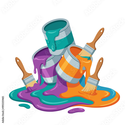 An artistic display of paint cans spilling vibrant colors surrounded by brushes, symbolizing creativity, artistic expression, and the joy of painting in a visually captivating way.