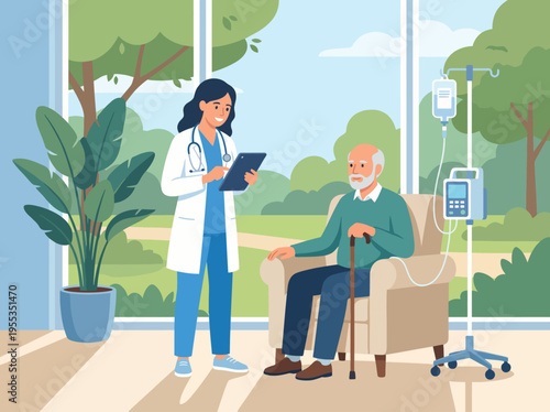 The image depicts a caring healthcare professional interacting with an elderly patient in a bright and inviting medical environment, symbolizing compassion and care.