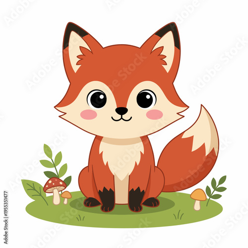 This adorable cartoon-style fox sits happily in a natural setting with small mushrooms, embodying playful innocence and the beauty of wildlife and nature.