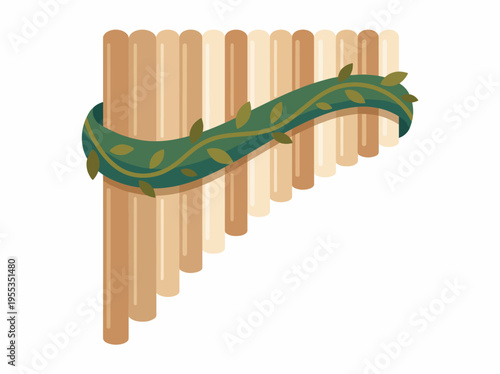 A contemporary pan flute decorated with green vine-like leaves represents music's connection to nature, emphasizing harmony and creativity in artistic expression.