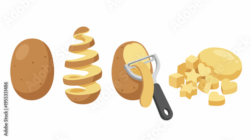 A series of playful potato preparation stages showcases fun techniques like peeling and cutting, highlighting food creativity and joyful cooking experiences.