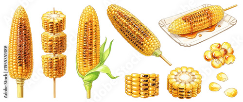 焼きとうもろこしの水彩風イラストセット｜縁日 屋台 コーン・串焼き・夏祭りフード