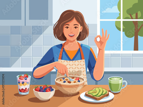 A cheerful woman enjoys a healthy breakfast, consisting of a bowl of oats topped with fresh fruits, alongside yogurt, and a cup of green tea, embodying wellness and vitality.